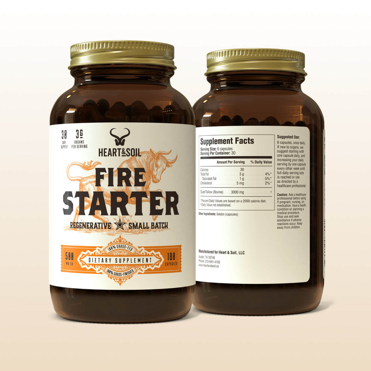 Two brown supplement bottles labeled 'Fire Starter' on a beige background