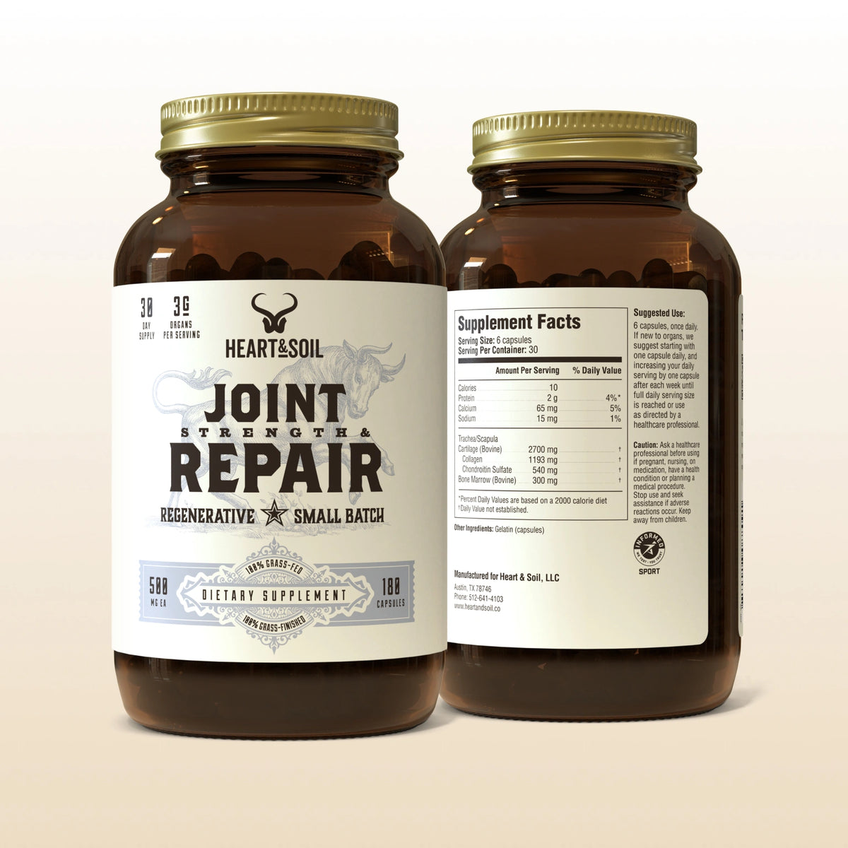 Two bottles of 'Joint Strength & Repair' dietary supplements on a beige background