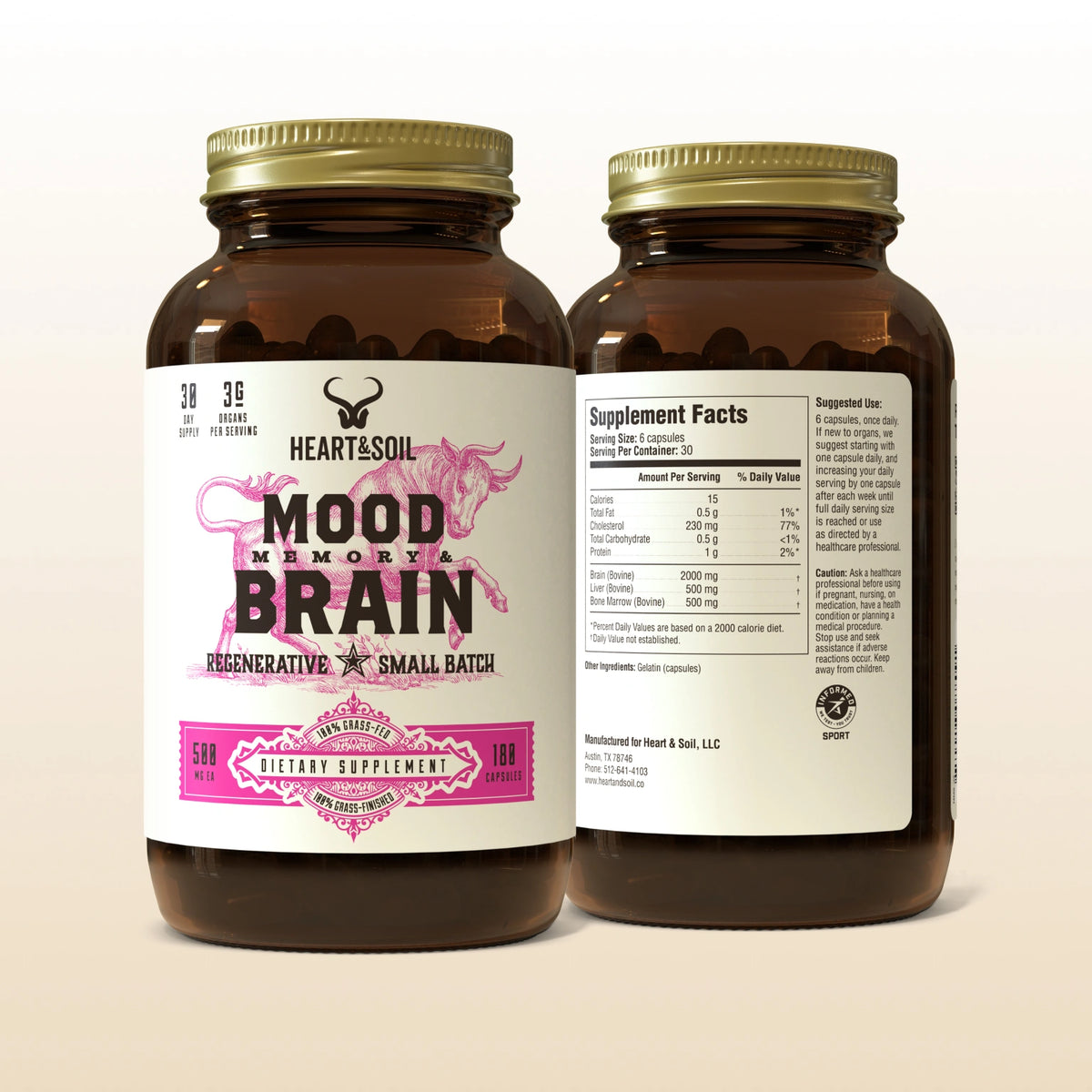 Two brown supplement bottles labeled 'Mood Memory & Brain' on a beige background