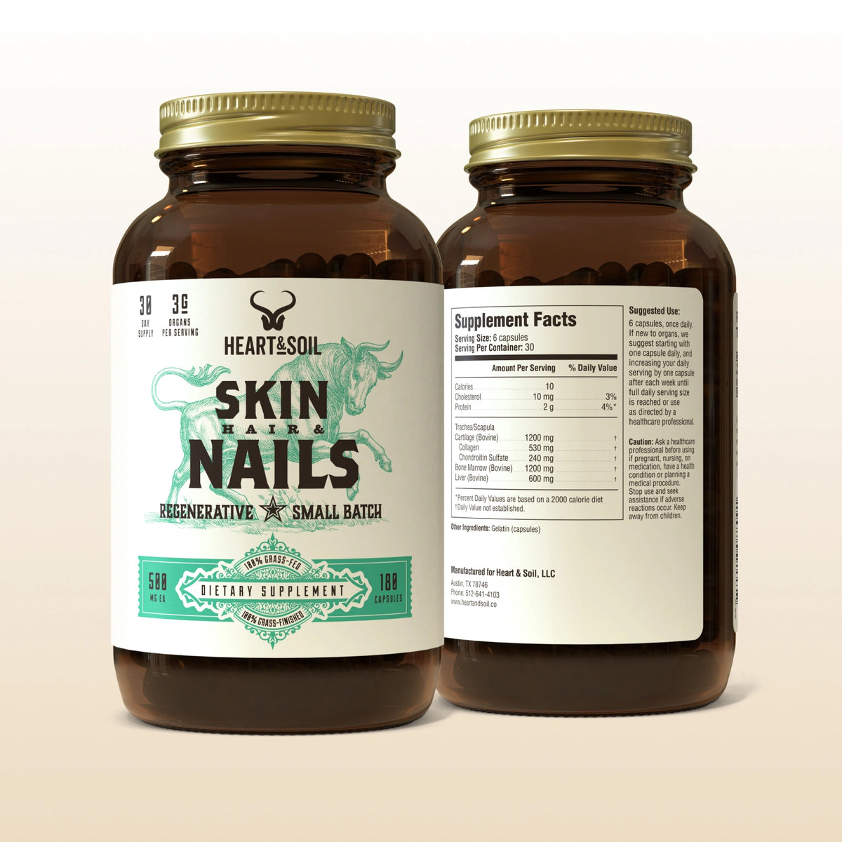 Two brown supplement bottles labeled 'Heart & Soil' with 'Skin, Hair & Nails' on a beige background.