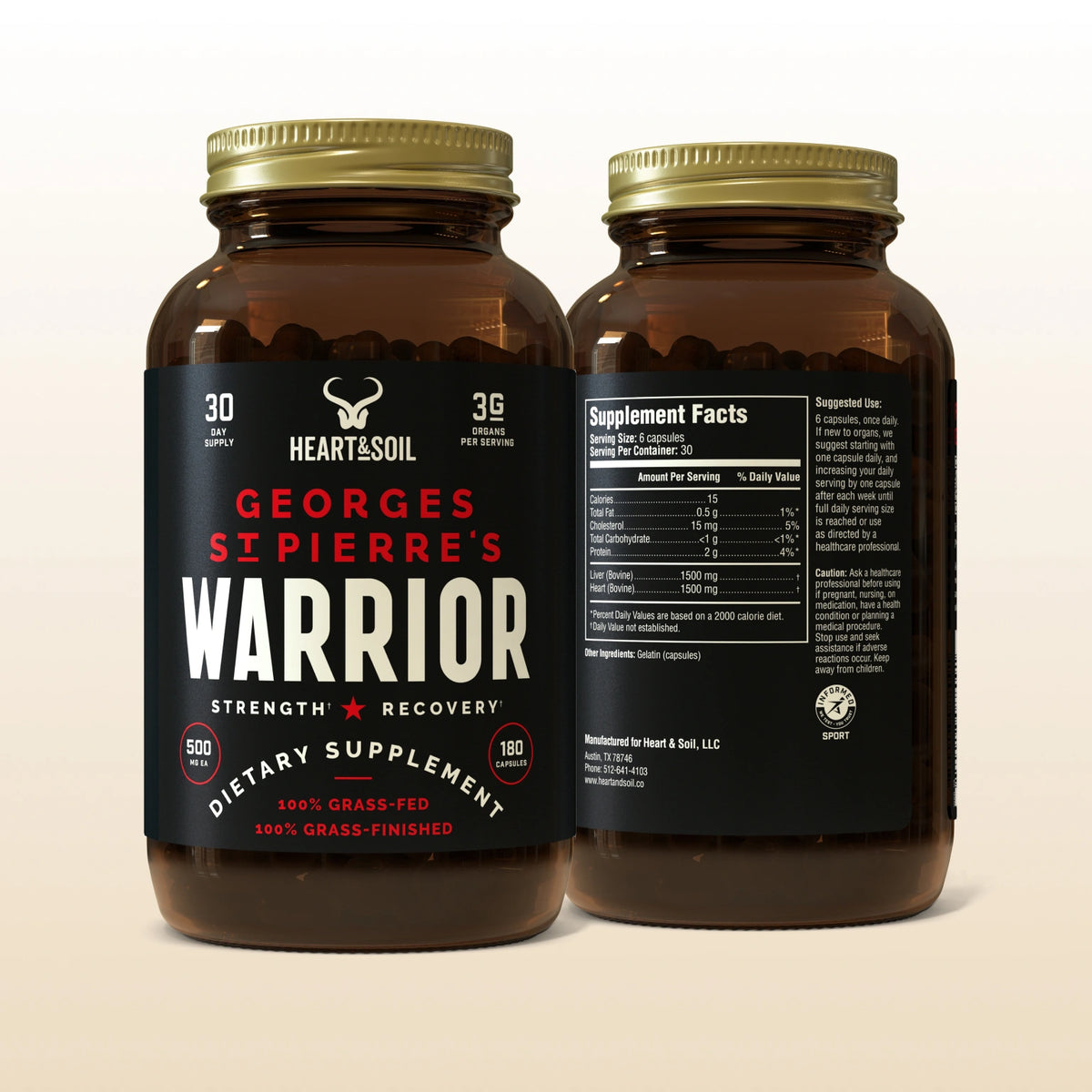 Two bottles of Georges St. Pierre's Warrior dietary supplement on a beige background