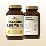 Two bottles of 'Histamine & Immune' dietary supplements with visible labels on a beige background.